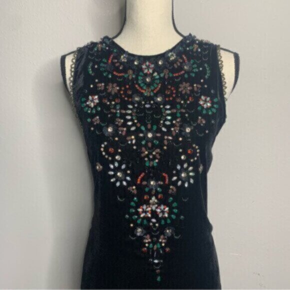 Vintage Beaded Black Velvet Mini Dress Floral Embellished Cocktail Mini Dress - Picture 9 of 17